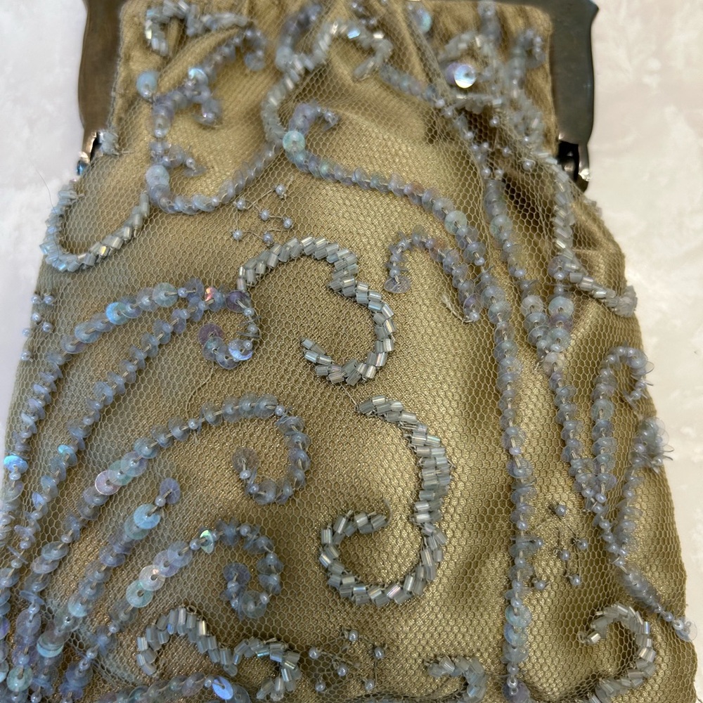 Saks Fifth Avenue Sequin and Beaded Evening Purse with attached mirror, clip top - Picture 4 of 14